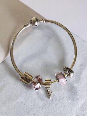 PANDORA Moments Sterling Silver Bangle Bracelet With 5 Authentic Pandora Charms